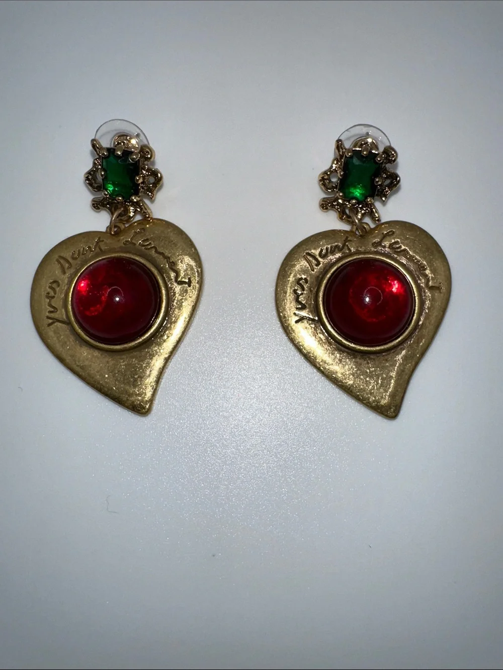 Gold-Toned Heart Drop Earrings with Red and Green Accents